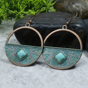 Bronze turquoise tribal engraved circle earrings boho ethnic design